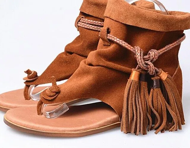 Lady Ankle Boots Sandal Shoe Thong Tassel Fringe Bohemia Flat Sandal