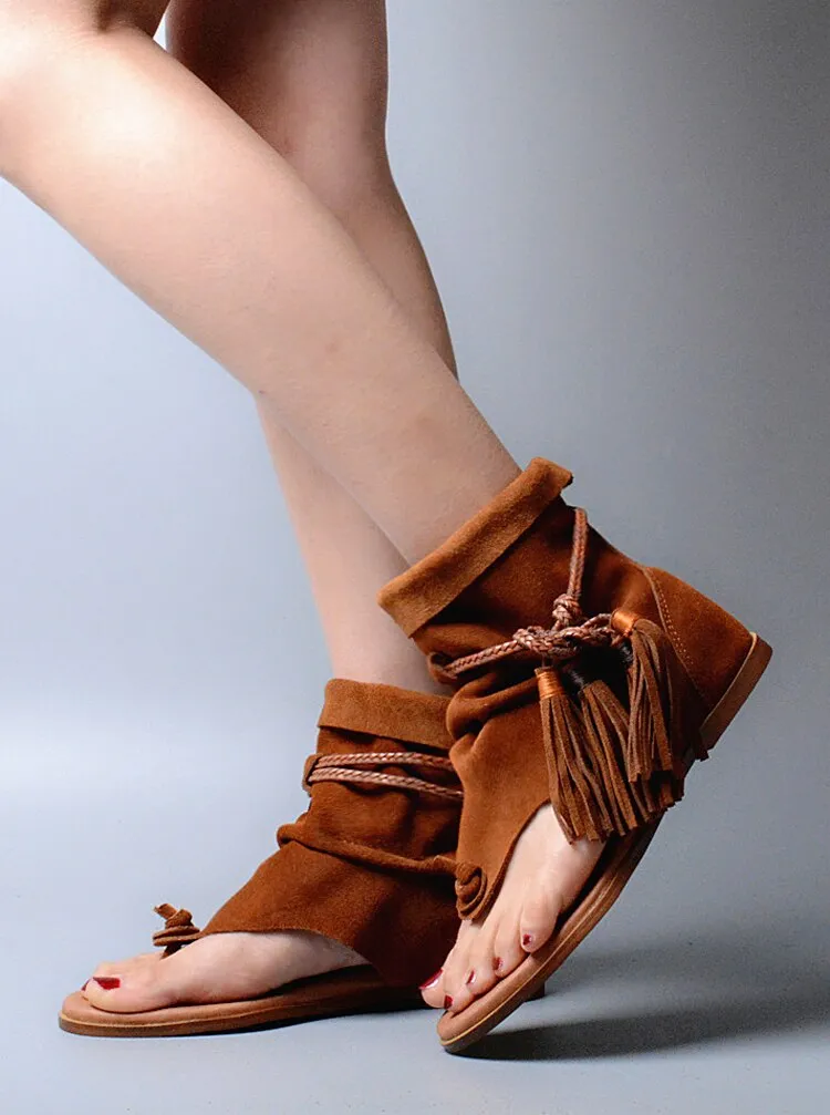 Lady Ankle Boots Sandal Shoe Thong Tassel Fringe Bohemia Flat Sandal