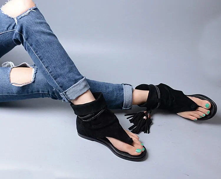 Lady Ankle Boots Sandal Shoe Thong Tassel Fringe Bohemia Flat Sandal