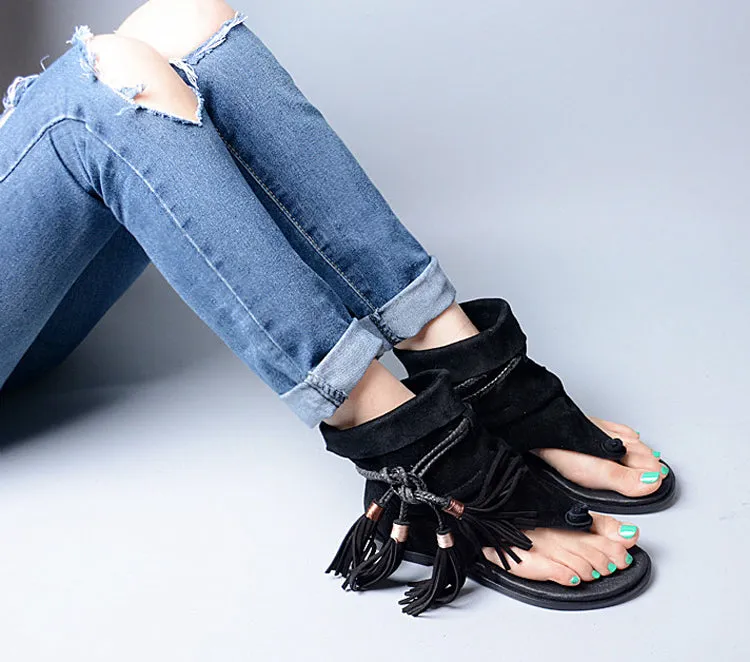 Lady Ankle Boots Sandal Shoe Thong Tassel Fringe Bohemia Flat Sandal