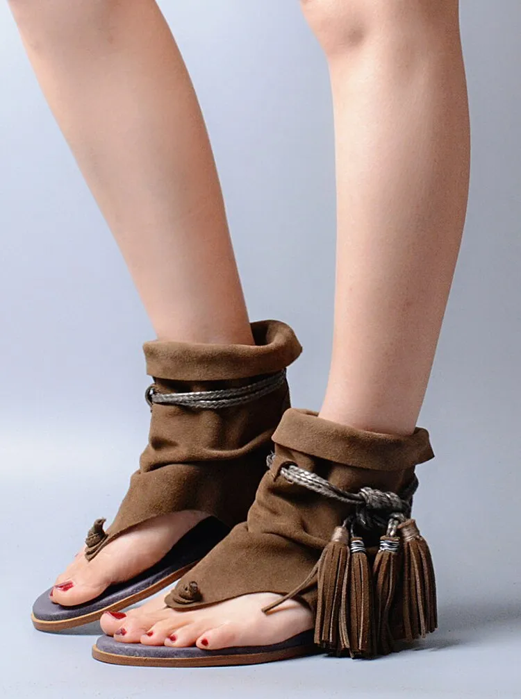 Lady Ankle Boots Sandal Shoe Thong Tassel Fringe Bohemia Flat Sandal