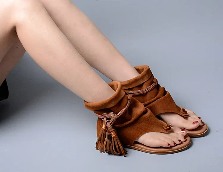 Lady Ankle Boots Sandal Shoe Thong Tassel Fringe Bohemia Flat Sandal