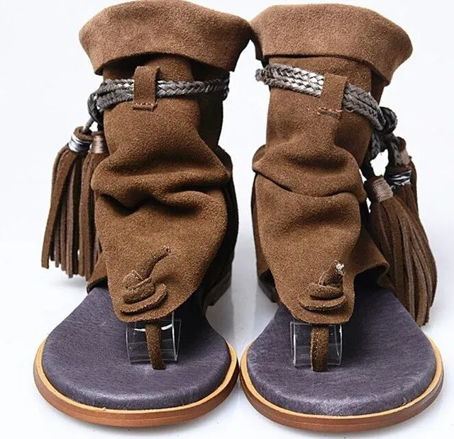 Lady Ankle Boots Sandal Shoe Thong Tassel Fringe Bohemia Flat Sandal