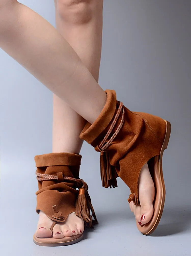 Lady Ankle Boots Sandal Shoe Thong Tassel Fringe Bohemia Flat Sandal