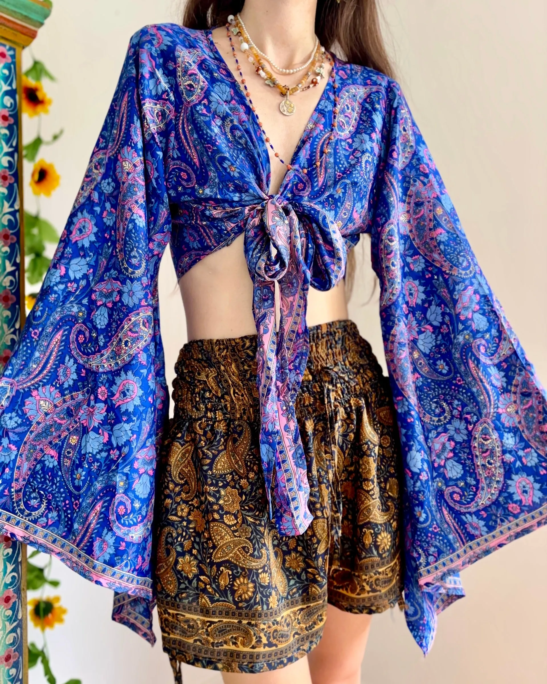 Lazuli Recycled Sari Bellsleeve Wrap Top