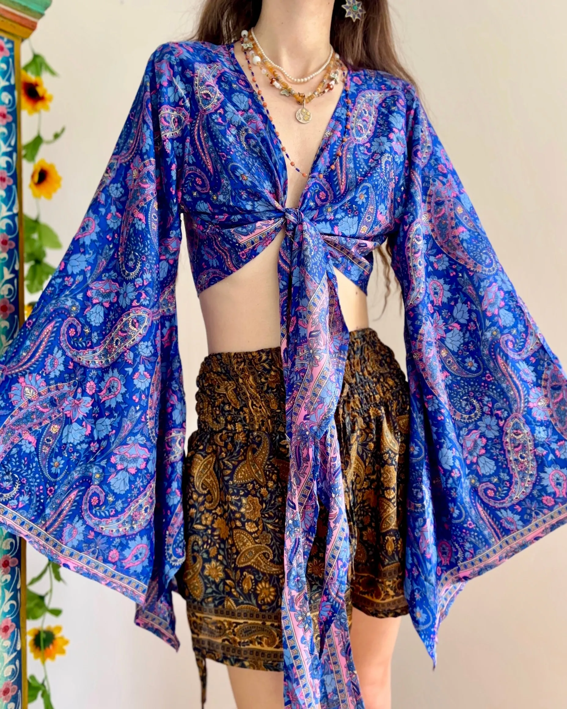 Lazuli Recycled Sari Bellsleeve Wrap Top