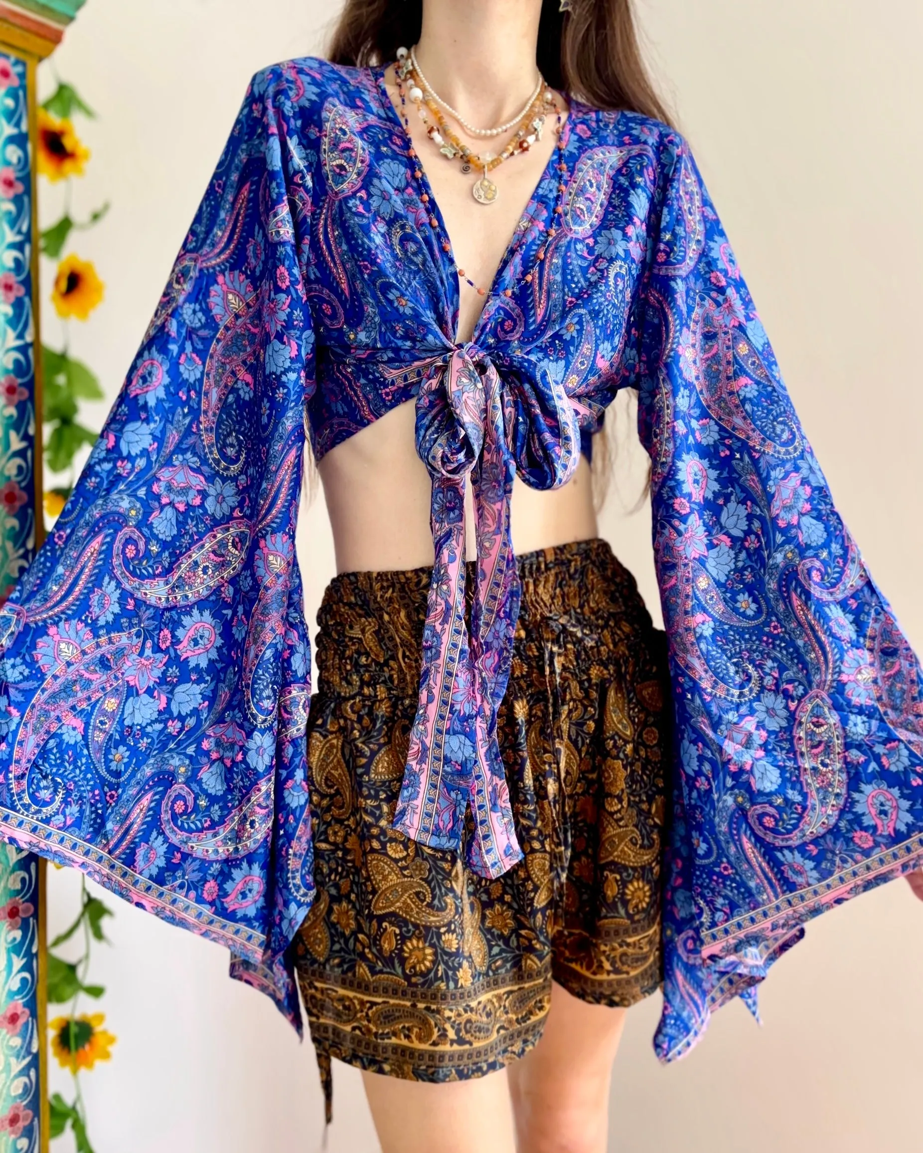 Lazuli Recycled Sari Bellsleeve Wrap Top