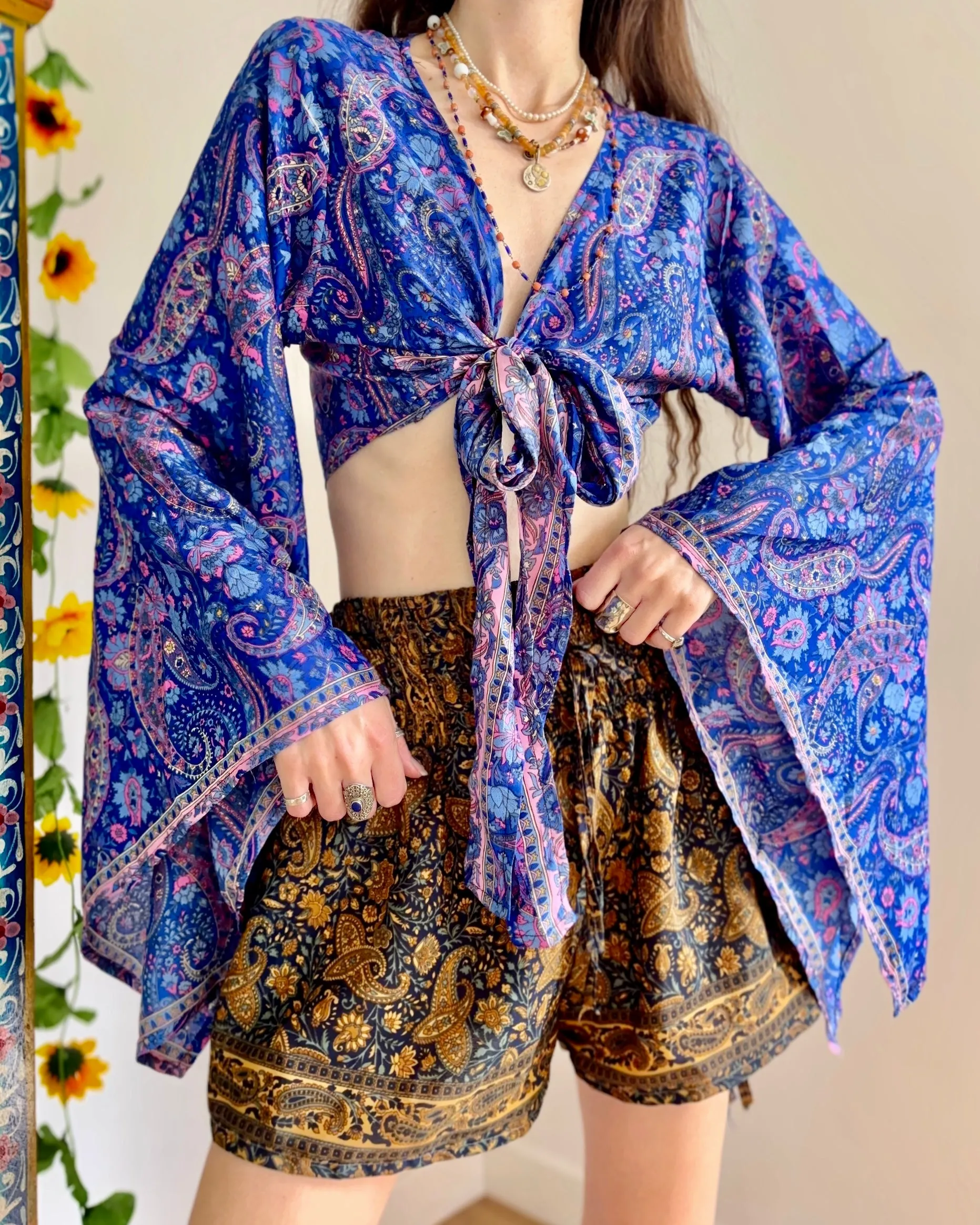 Lazuli Recycled Sari Bellsleeve Wrap Top