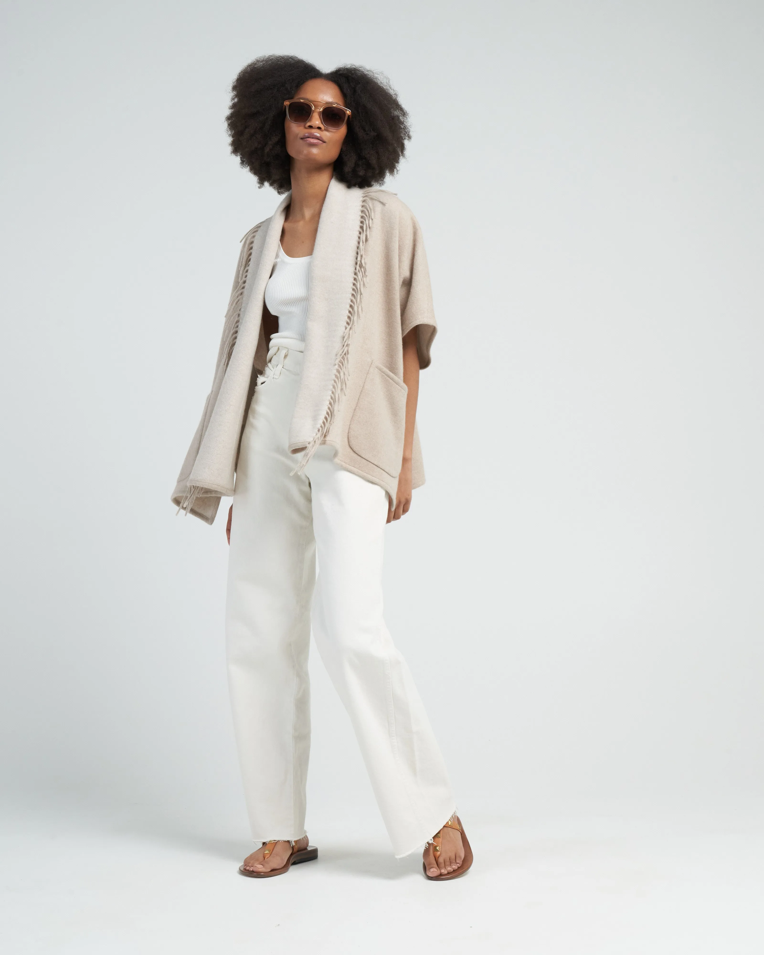 ledor poncho with fringe - beige