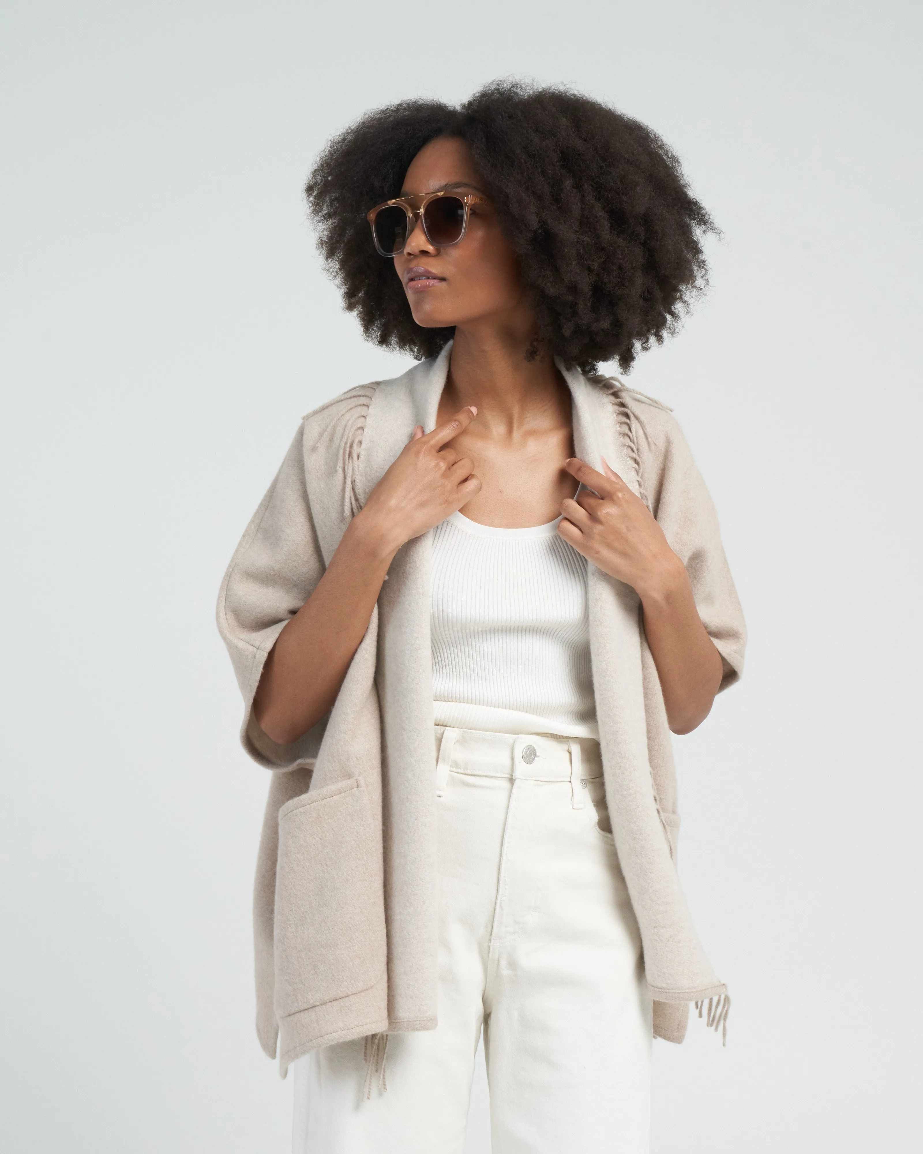 ledor poncho with fringe - beige