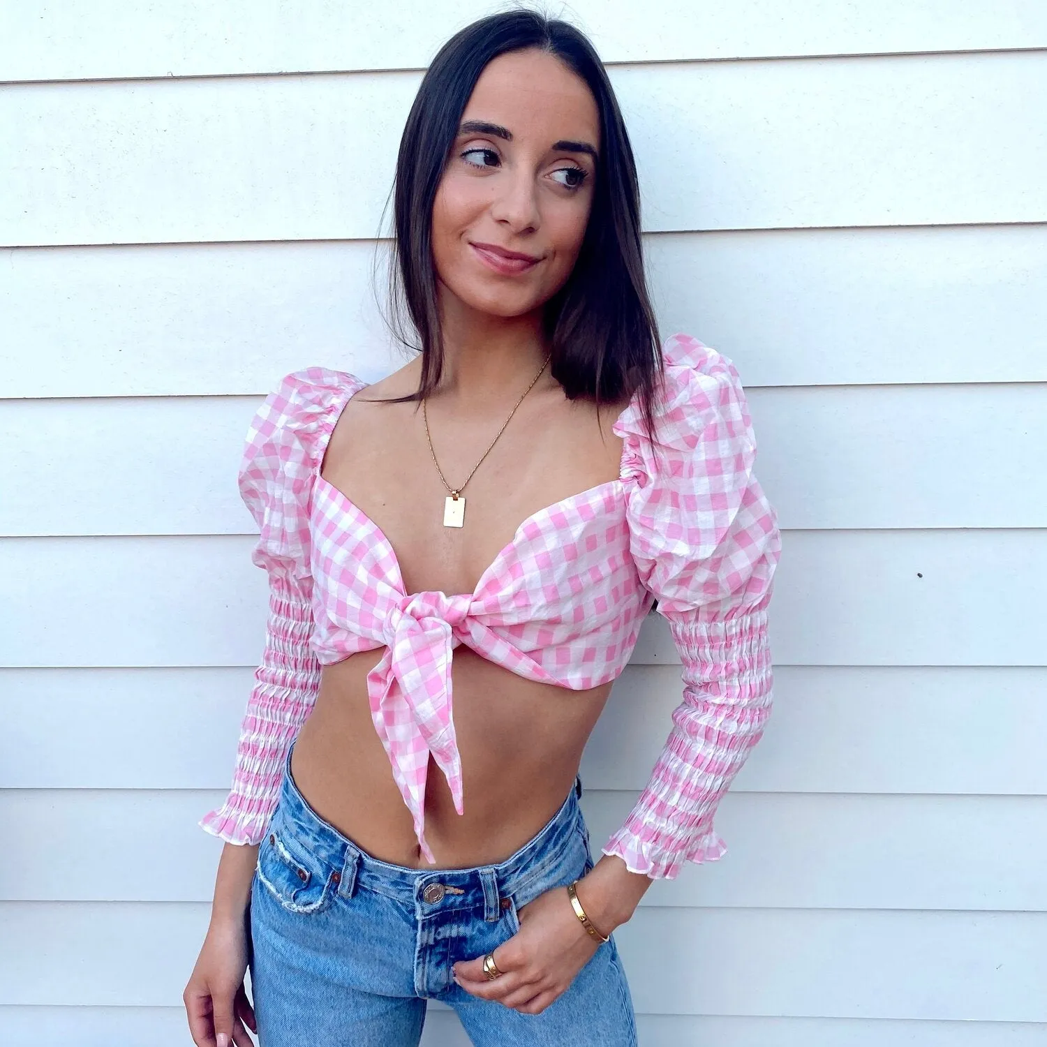 Let's Vibe Pink Gingham Top