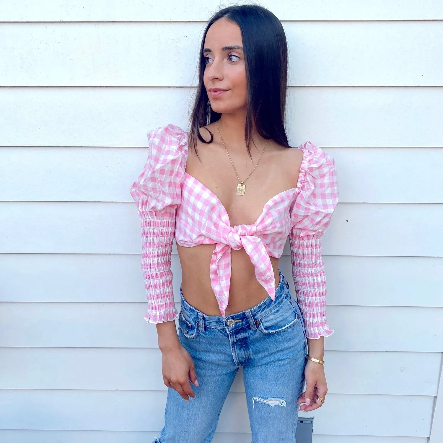Let's Vibe Pink Gingham Top