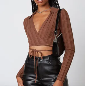 Long Sleeve Collar Rib Wrap Crop Sweater
