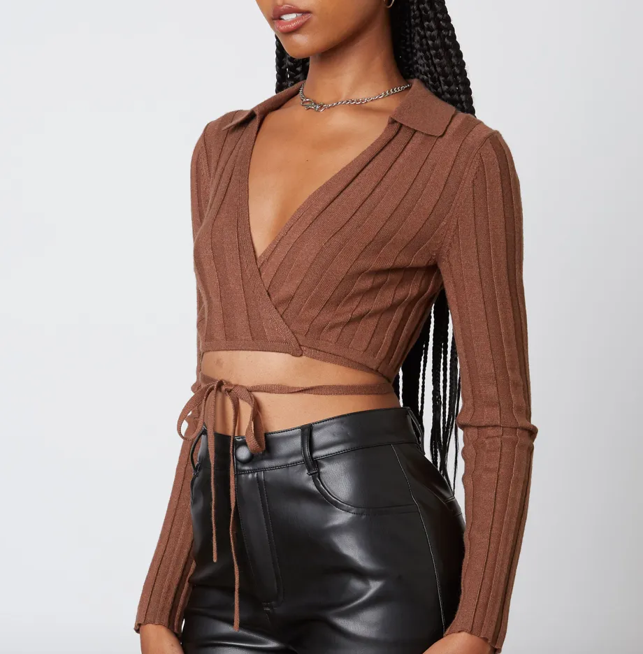 Long Sleeve Collar Rib Wrap Crop Sweater