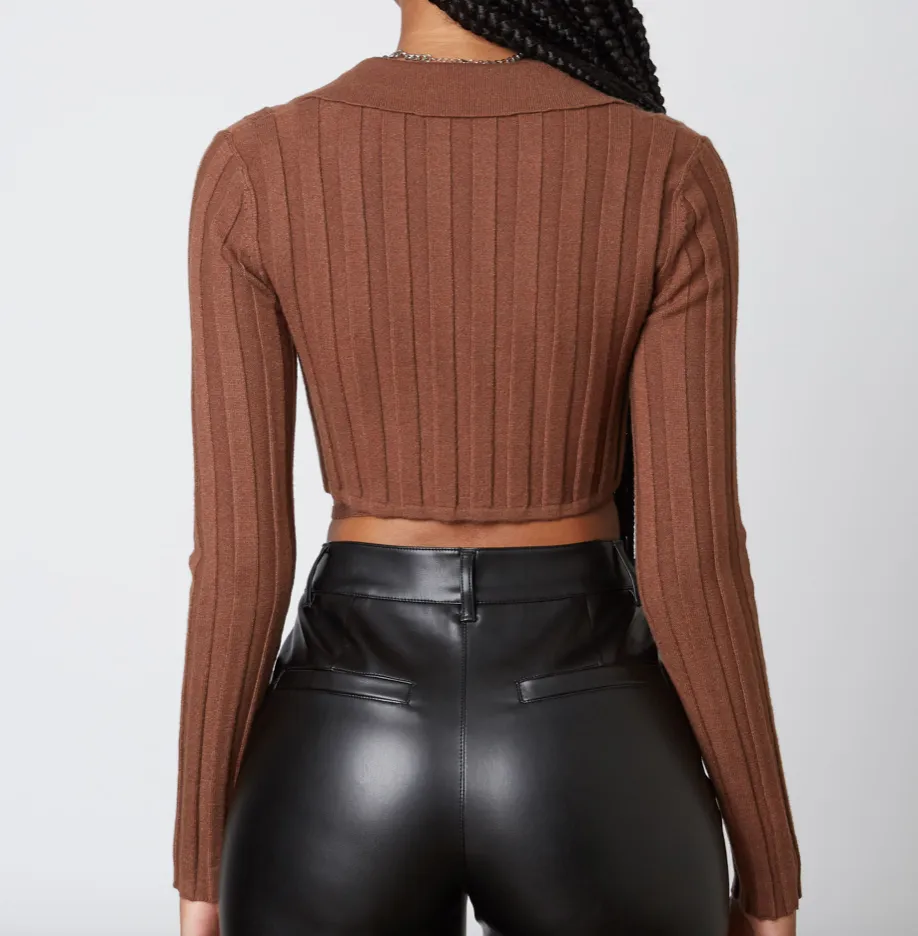 Long Sleeve Collar Rib Wrap Crop Sweater