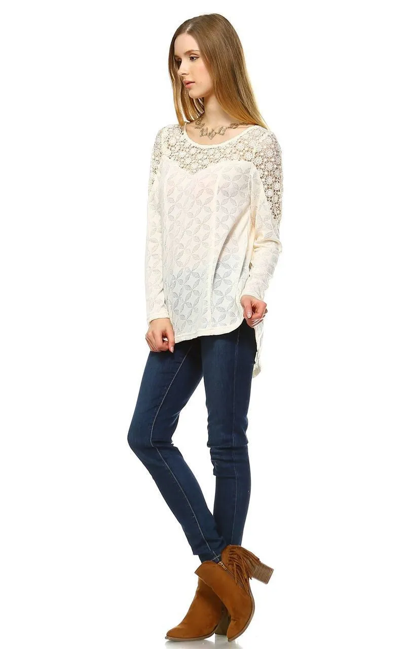 Long Sleeve Lace Top with Crochet Accents Ivory White
