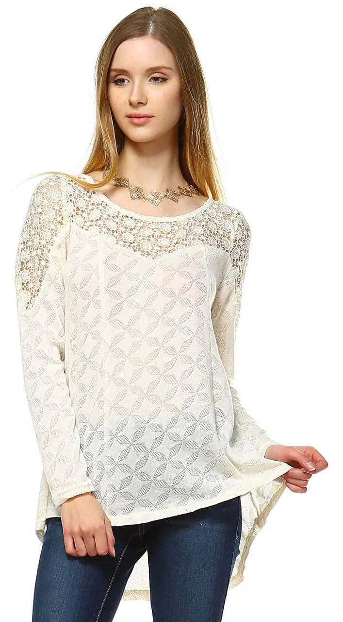 Long Sleeve Lace Top with Crochet Accents Ivory White