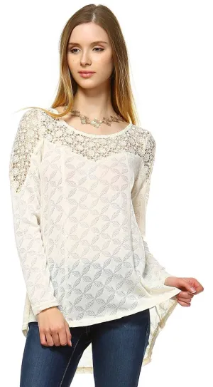 Long Sleeve Lace Top with Crochet Accents Ivory White