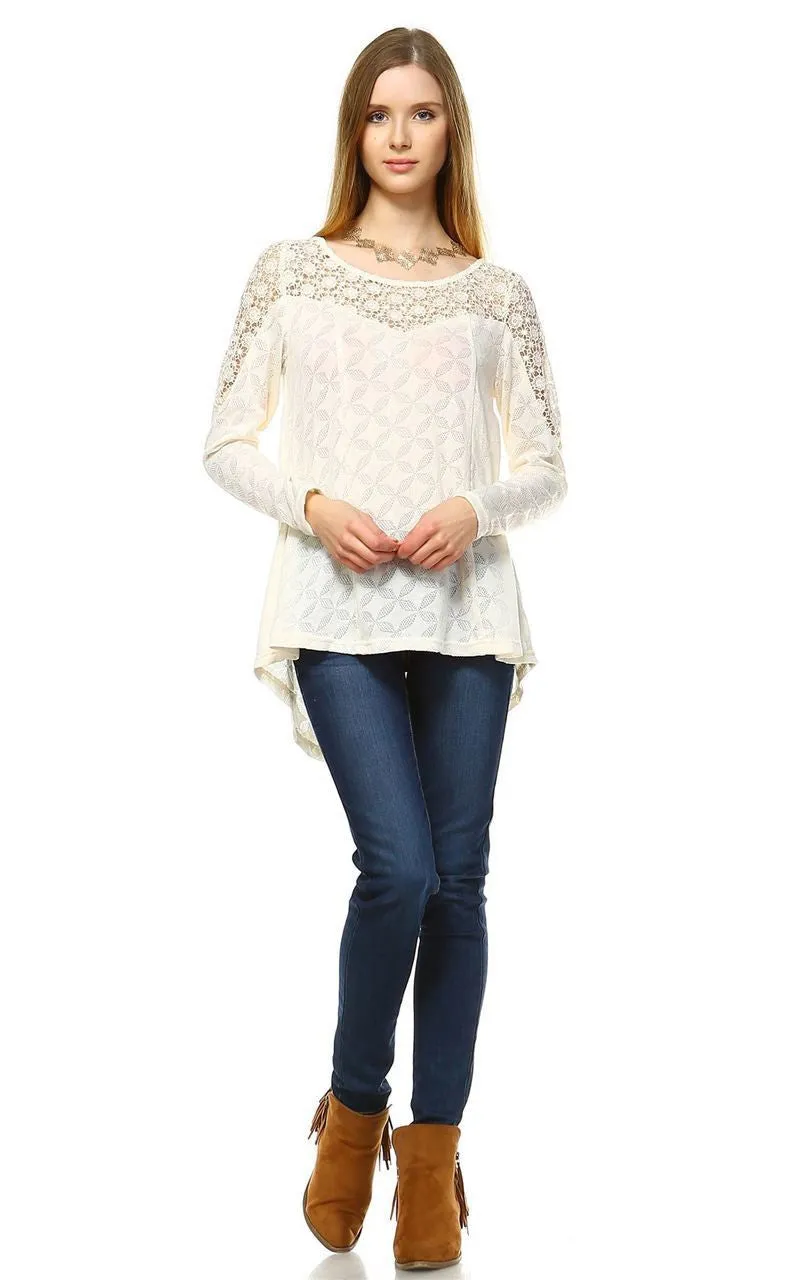 Long Sleeve Lace Top with Crochet Accents Ivory White