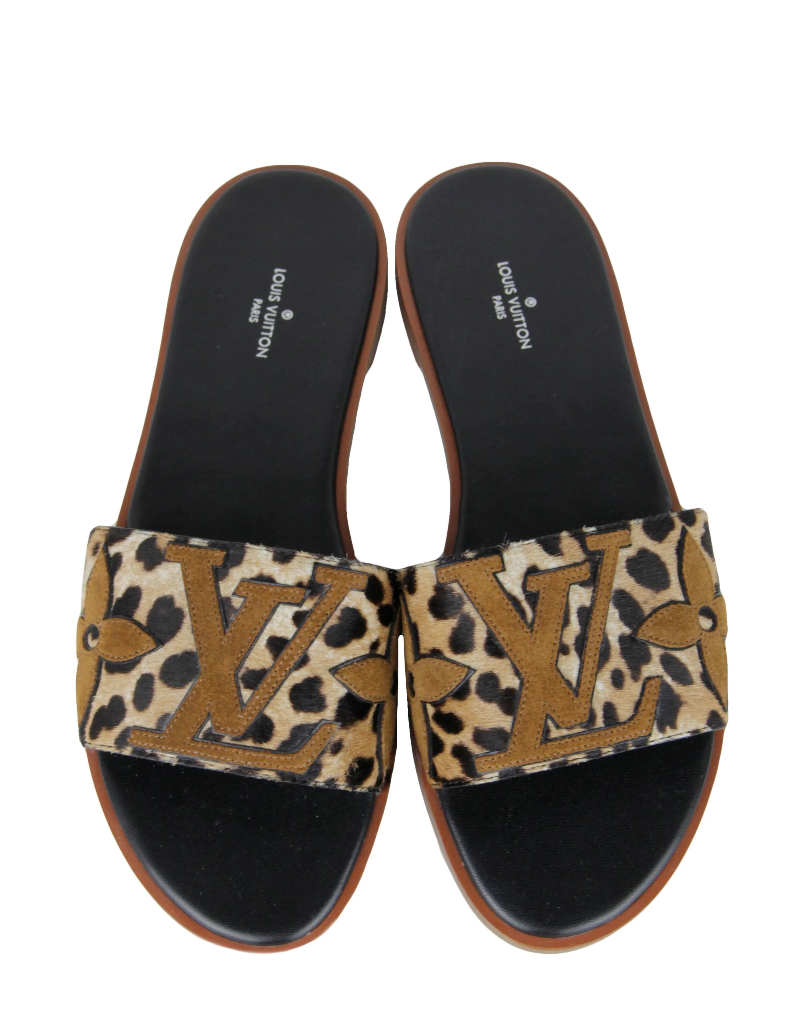 Louis Vuitton Leopard Print Calf Hair Lock It Flat Slide Sandals sz 39