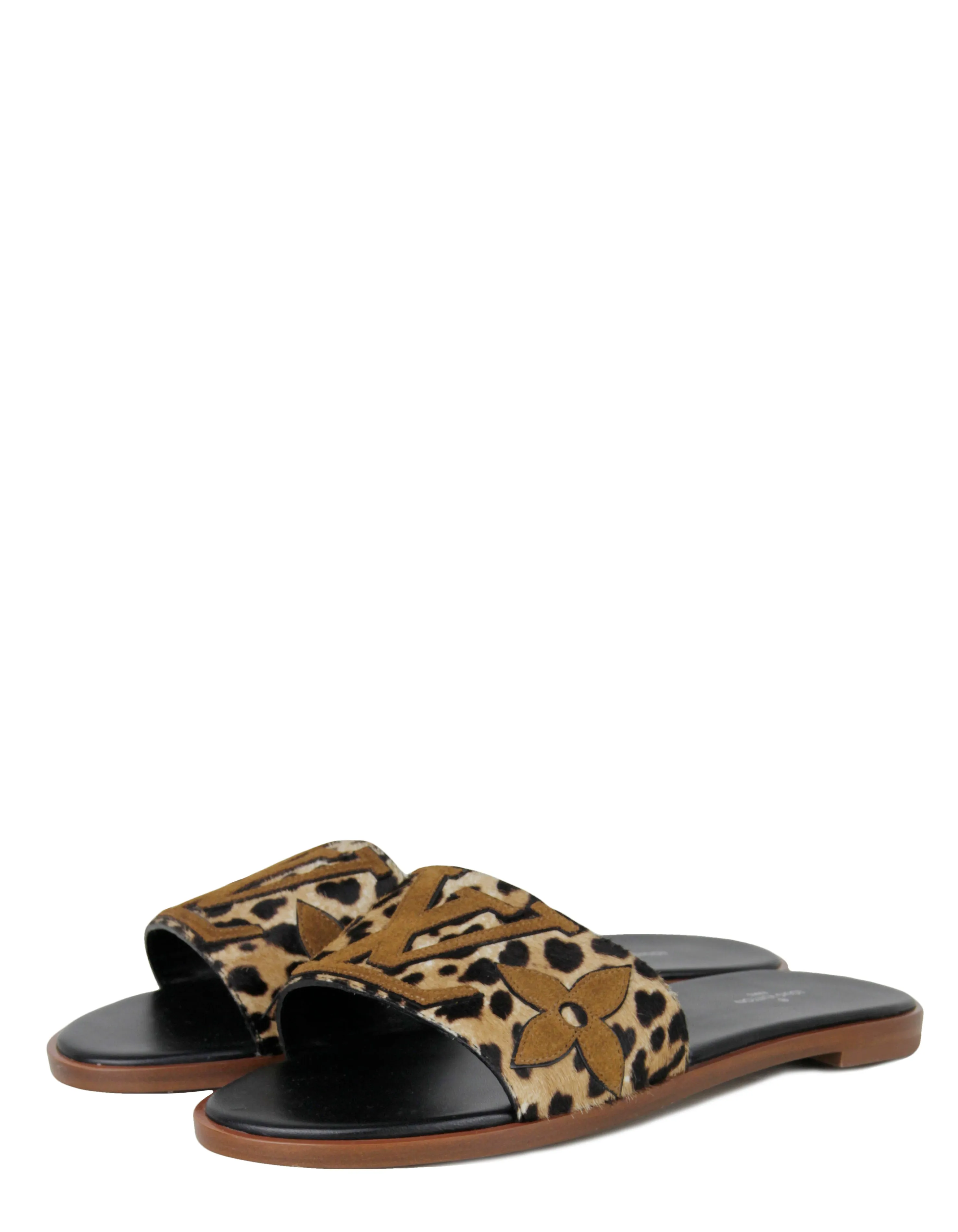 Louis Vuitton Leopard Print Calf Hair Lock It Flat Slide Sandals sz 39