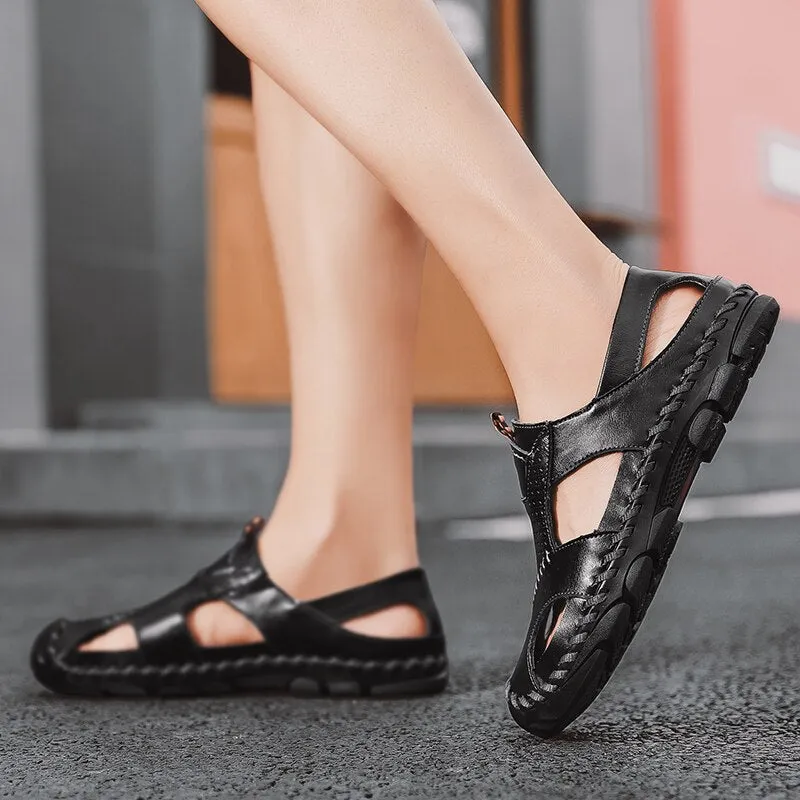 Men Leather Sandals Close Toe for Outdoor