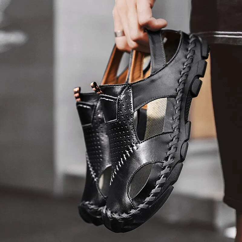 Men Leather Sandals Close Toe for Outdoor