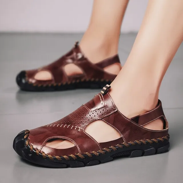 Men Leather Sandals Close Toe for Outdoor