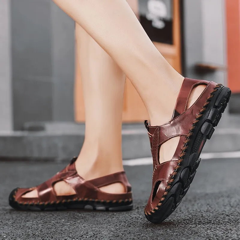 Men Leather Sandals Close Toe for Outdoor