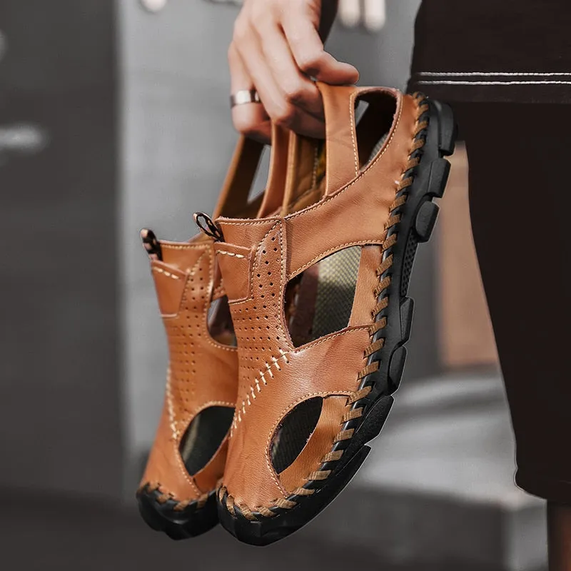 Men Leather Sandals Close Toe for Outdoor