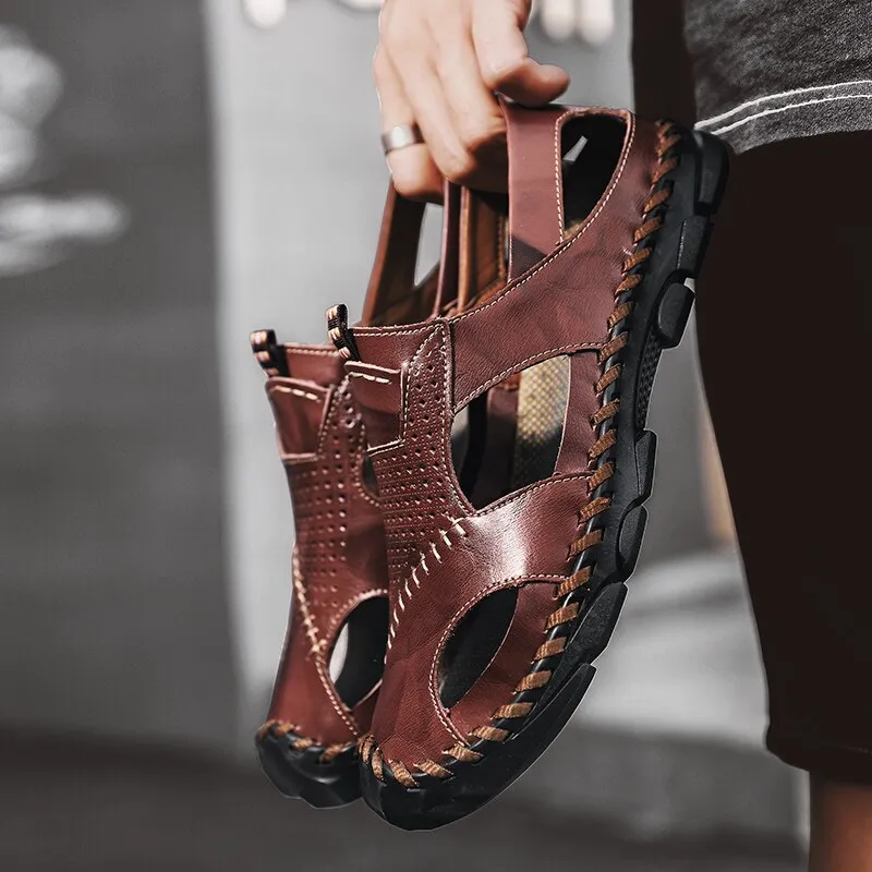 Men Leather Sandals Close Toe for Outdoor
