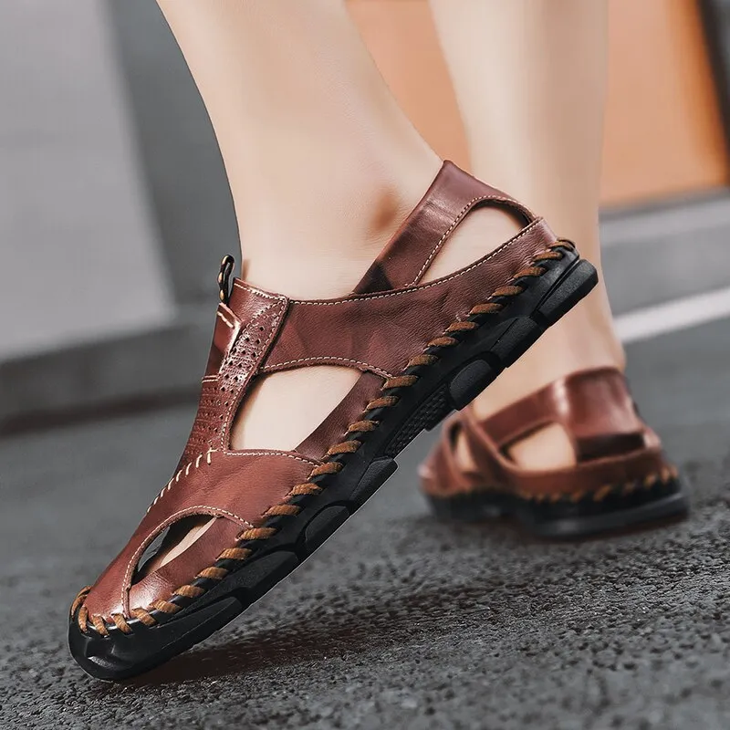 Men Leather Sandals Close Toe for Outdoor