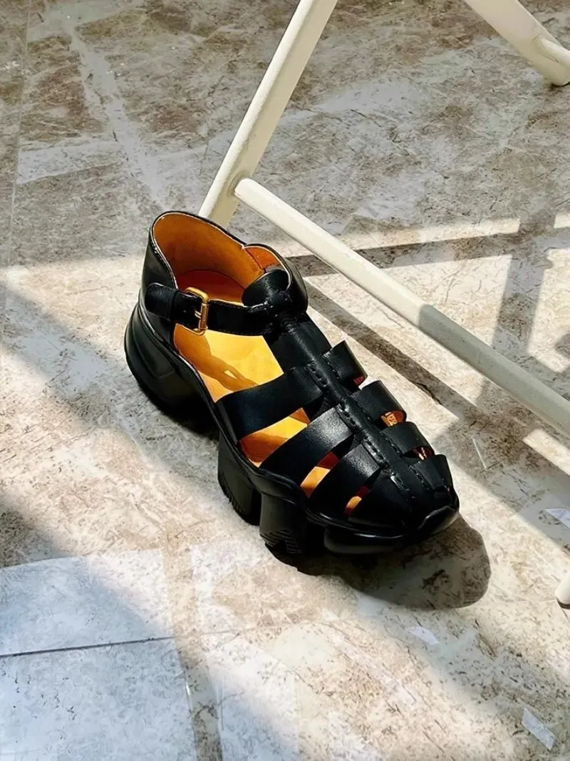 Men's Genuine Leather Gladiator Sandals with Buckle Strap and Thick Bottom