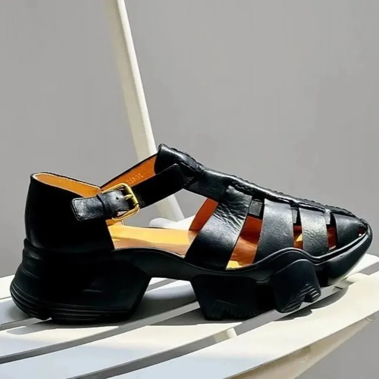 Men's Genuine Leather Gladiator Sandals with Buckle Strap and Thick Bottom