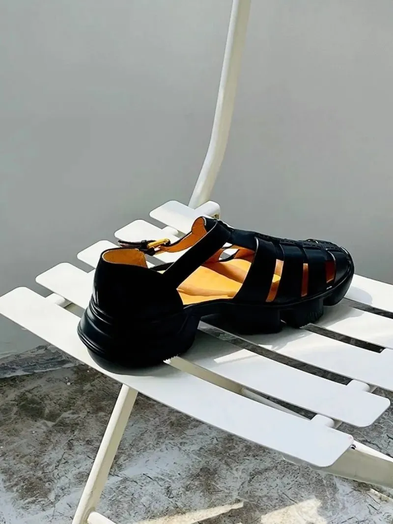 Men's Genuine Leather Gladiator Sandals with Buckle Strap and Thick Bottom