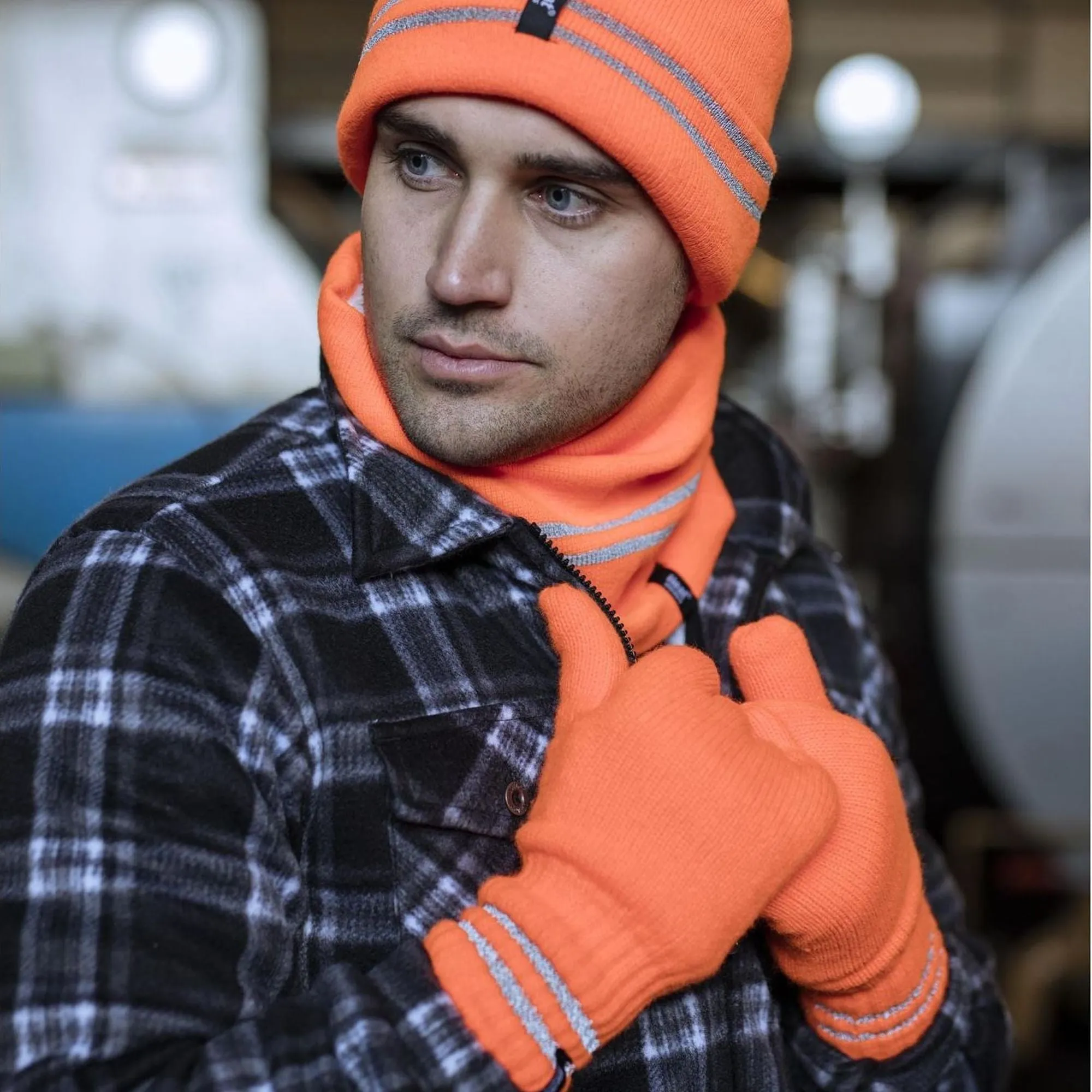 Mens Reflective Cold Weather Workwear Set: Hat, Neck Warmer & Gloves