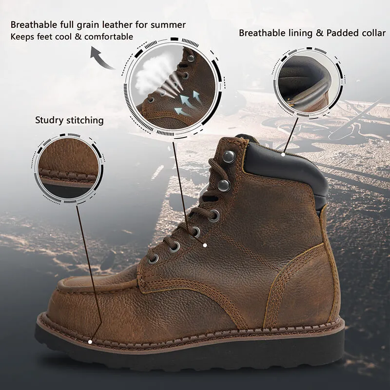 Men's Vintage Wedge Work Boots - ASTM Steel Toe   Lightweight   Shock Absorption   Slip Resistant   2 Different Insoles