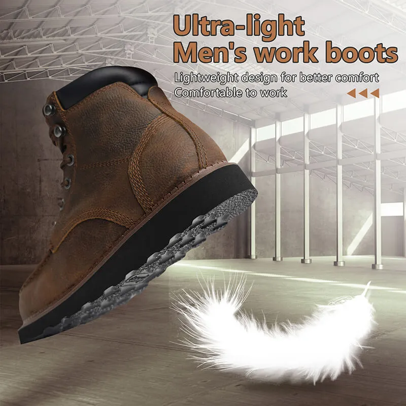 Men's Vintage Wedge Work Boots - ASTM Steel Toe   Lightweight   Shock Absorption   Slip Resistant   2 Different Insoles