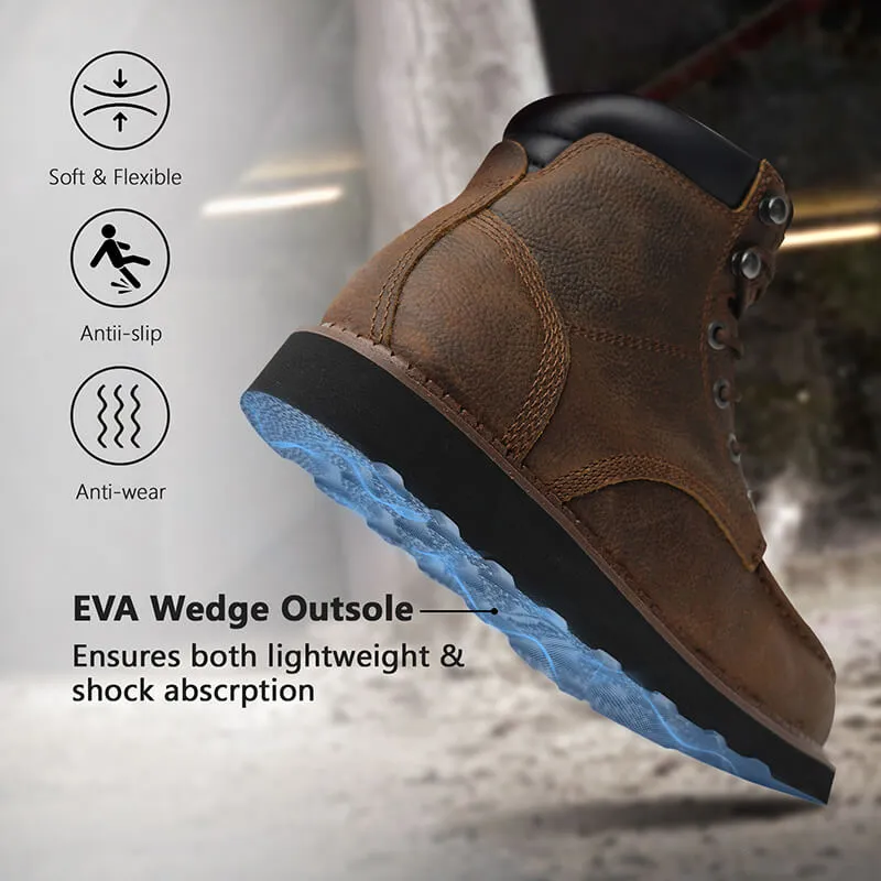 Men's Vintage Wedge Work Boots - ASTM Steel Toe   Lightweight   Shock Absorption   Slip Resistant   2 Different Insoles