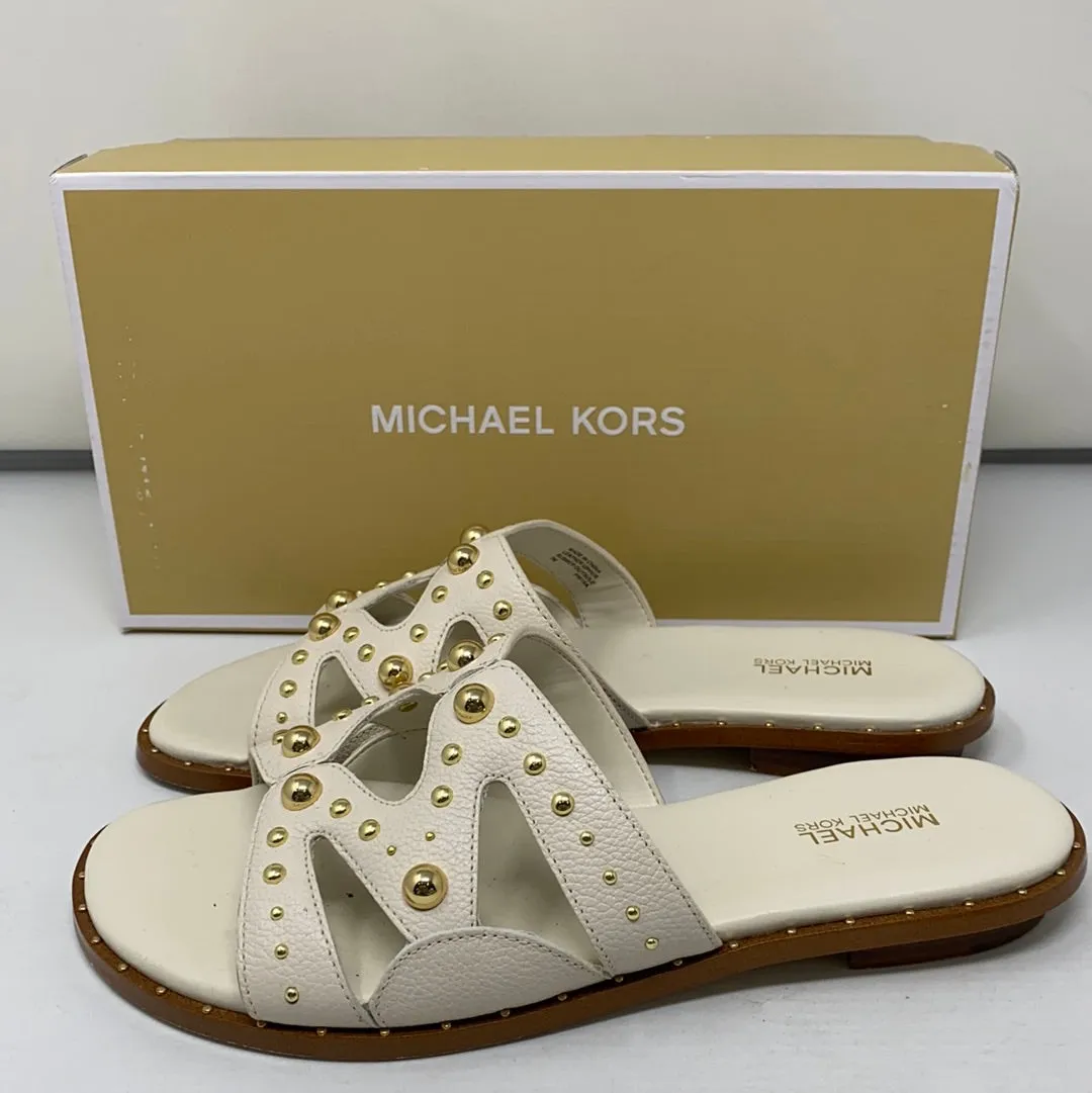 Michael Kors White Leather Annalee Slide with Gold Studs