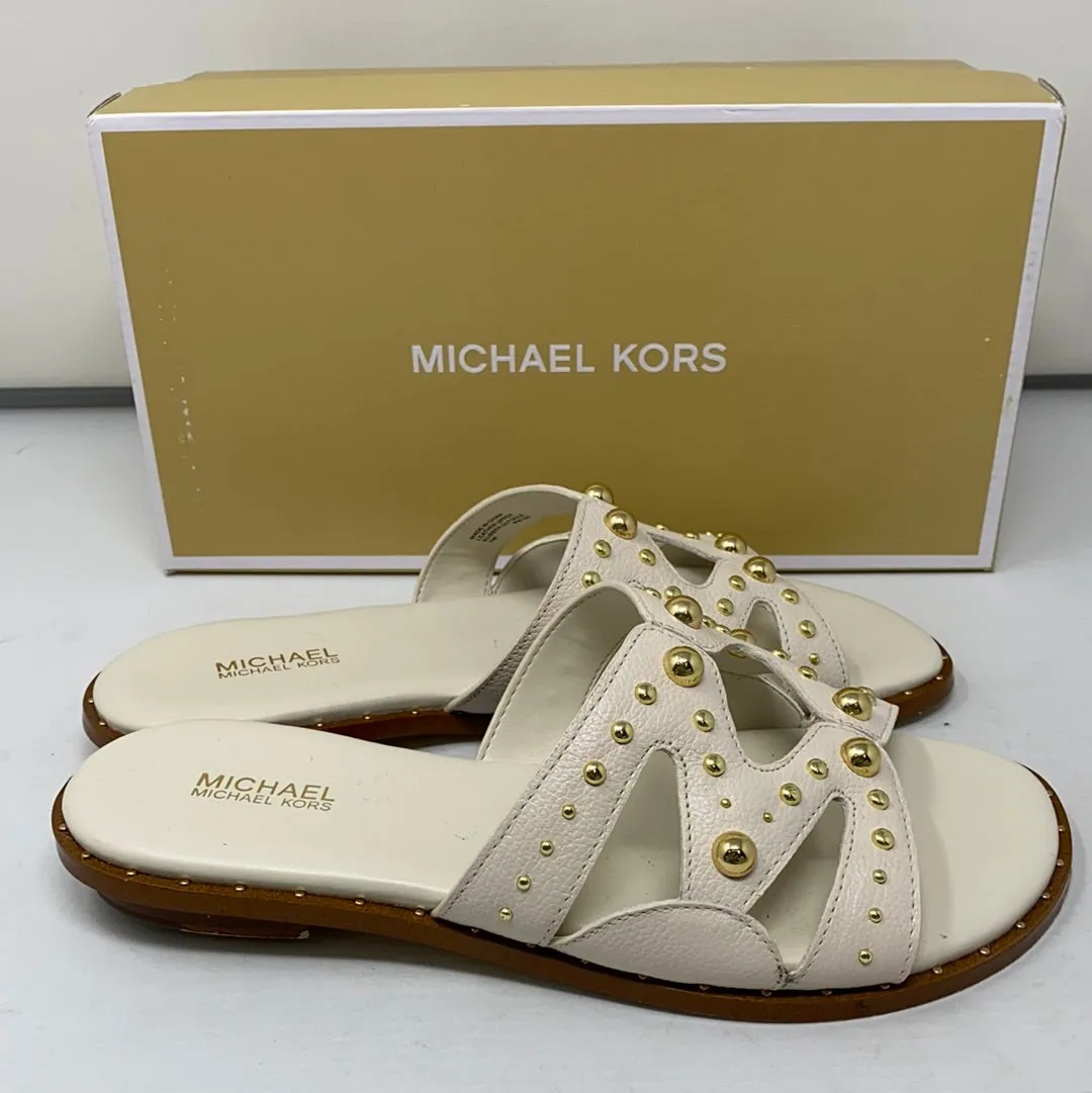 Michael Kors White Leather Annalee Slide with Gold Studs