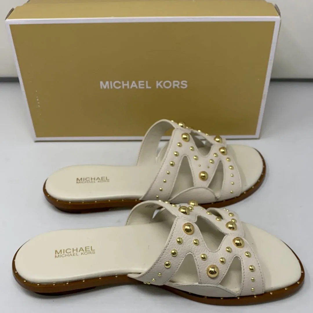 Michael Kors White Leather Annalee Slide with Gold Studs