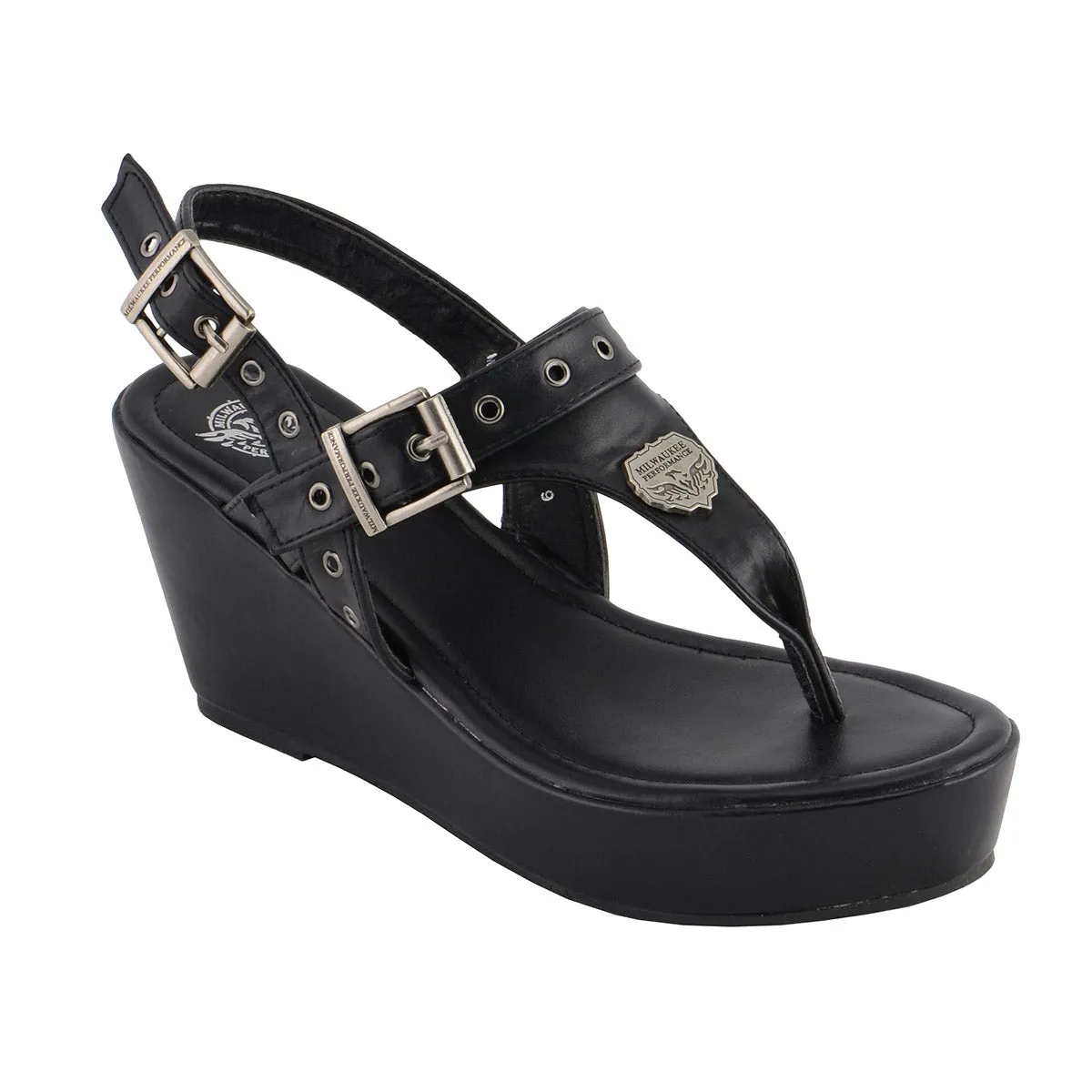 Milwaukee Performance MBL9411 Women's Black Wedge Sandals with Buckled Straps