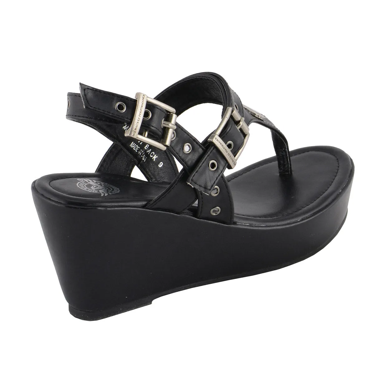 Milwaukee Performance MBL9411 Women's Black Wedge Sandals with Buckled Straps