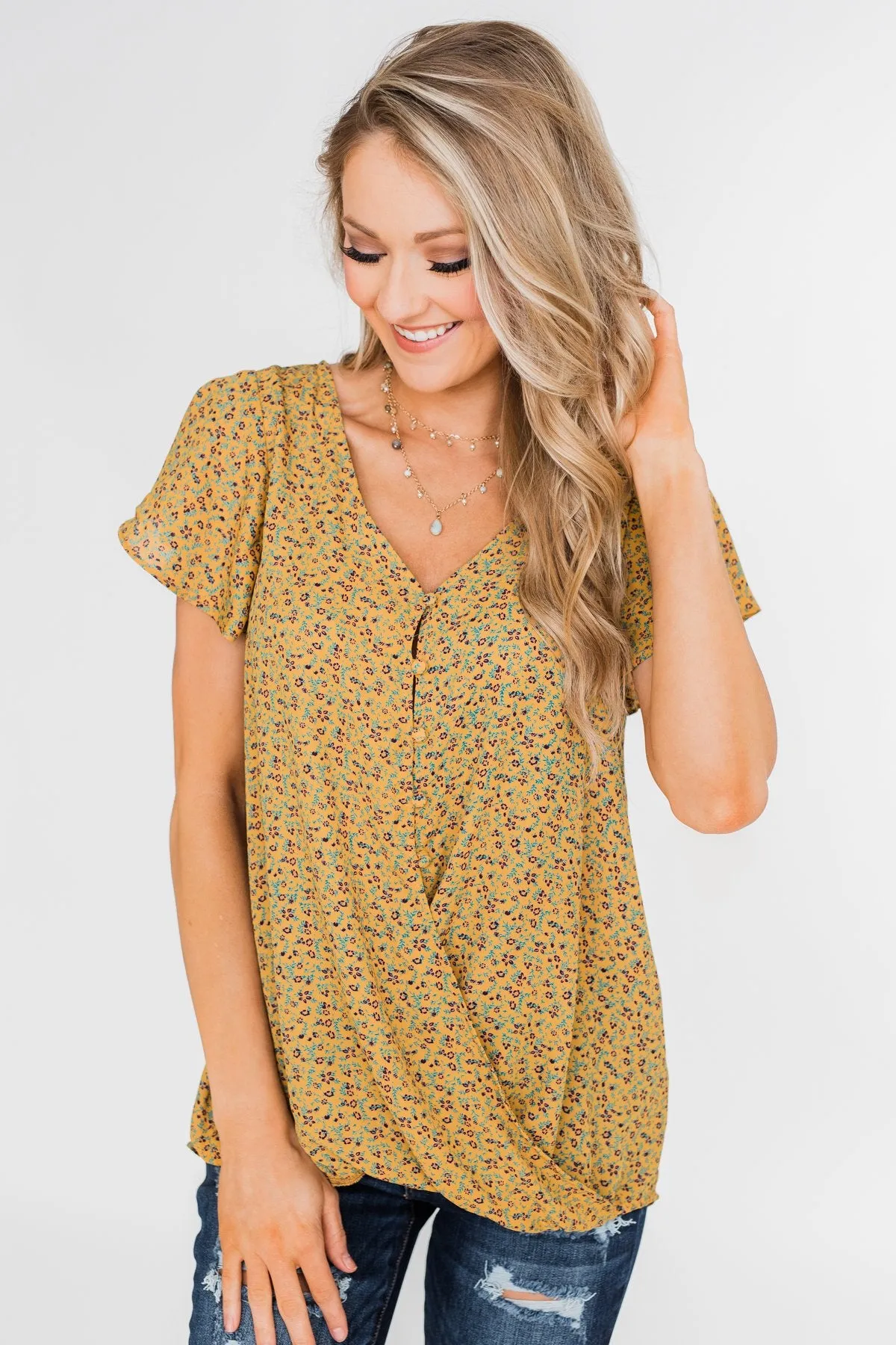 Moving On Floral Botton and Wrap Top- Mustard