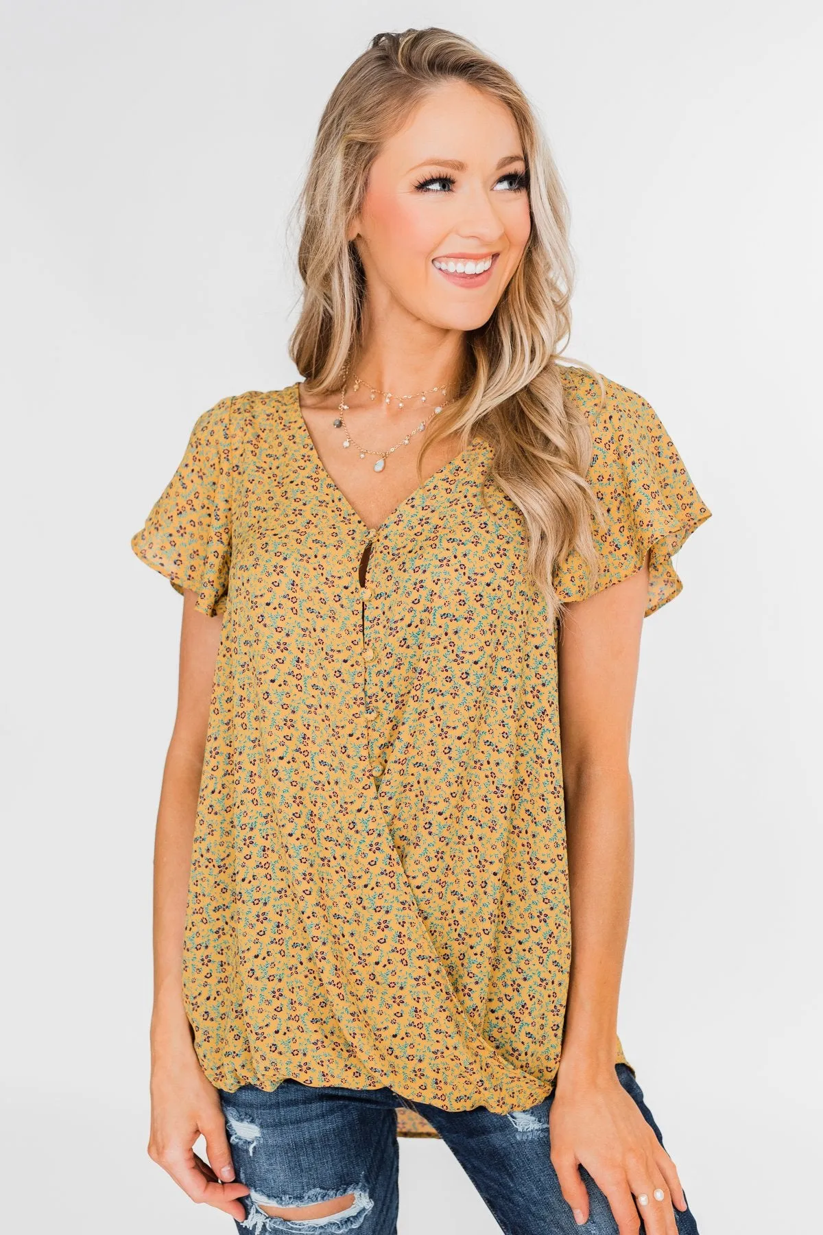 Moving On Floral Botton and Wrap Top- Mustard