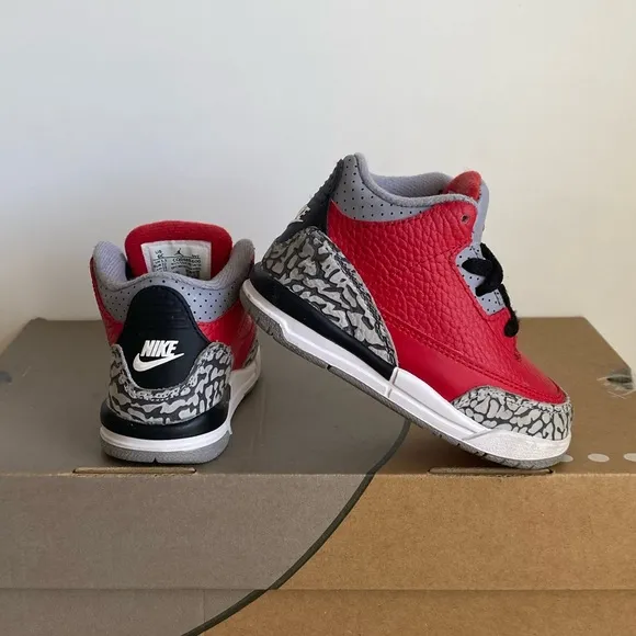 Nike Air Jordan 3 Retro Fire Red Cement Grey Toddler Sneakers- Sz 6 C