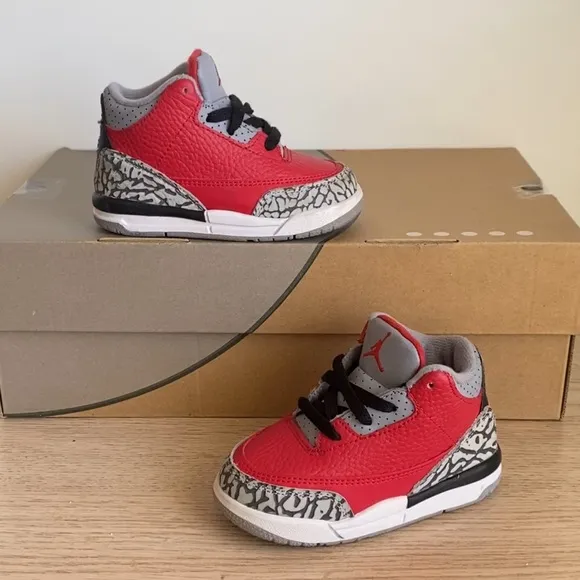 Nike Air Jordan 3 Retro Fire Red Cement Grey Toddler Sneakers- Sz 6 C