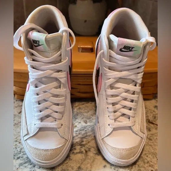 Nike Blazer Mid White Sneakers Pink Black &amp; Watercolor Pastels 5Y