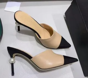 Nude Black Mixed Colors High Heel Sandal Woman Sexy Pointed Toe Pearls Thin Heels Party Shoes Summer Mules Sandal